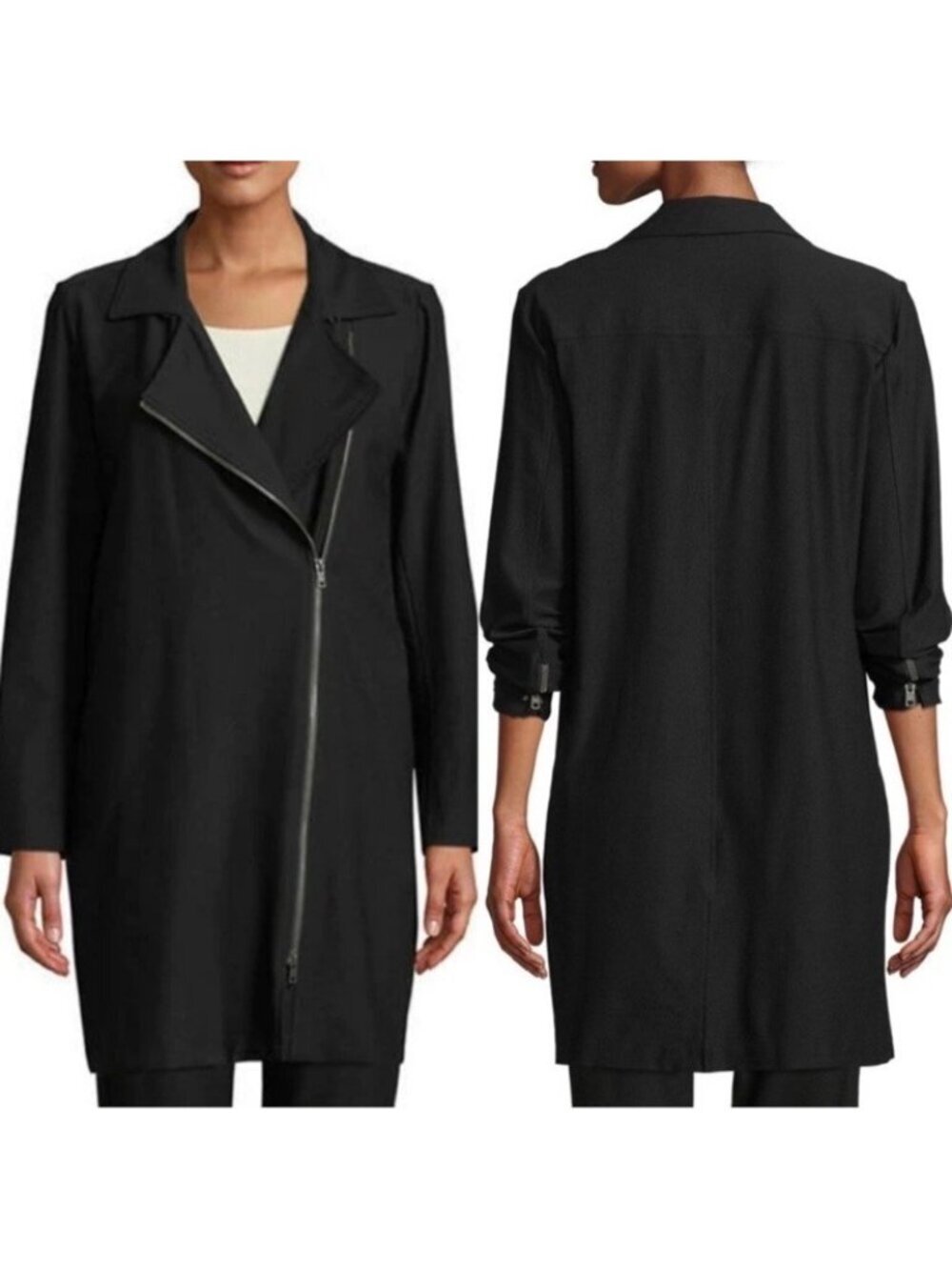 EILEEN FISHER Black Washable Stretch Crepe Long Moto Jacket Sz Medium? MSRP $388